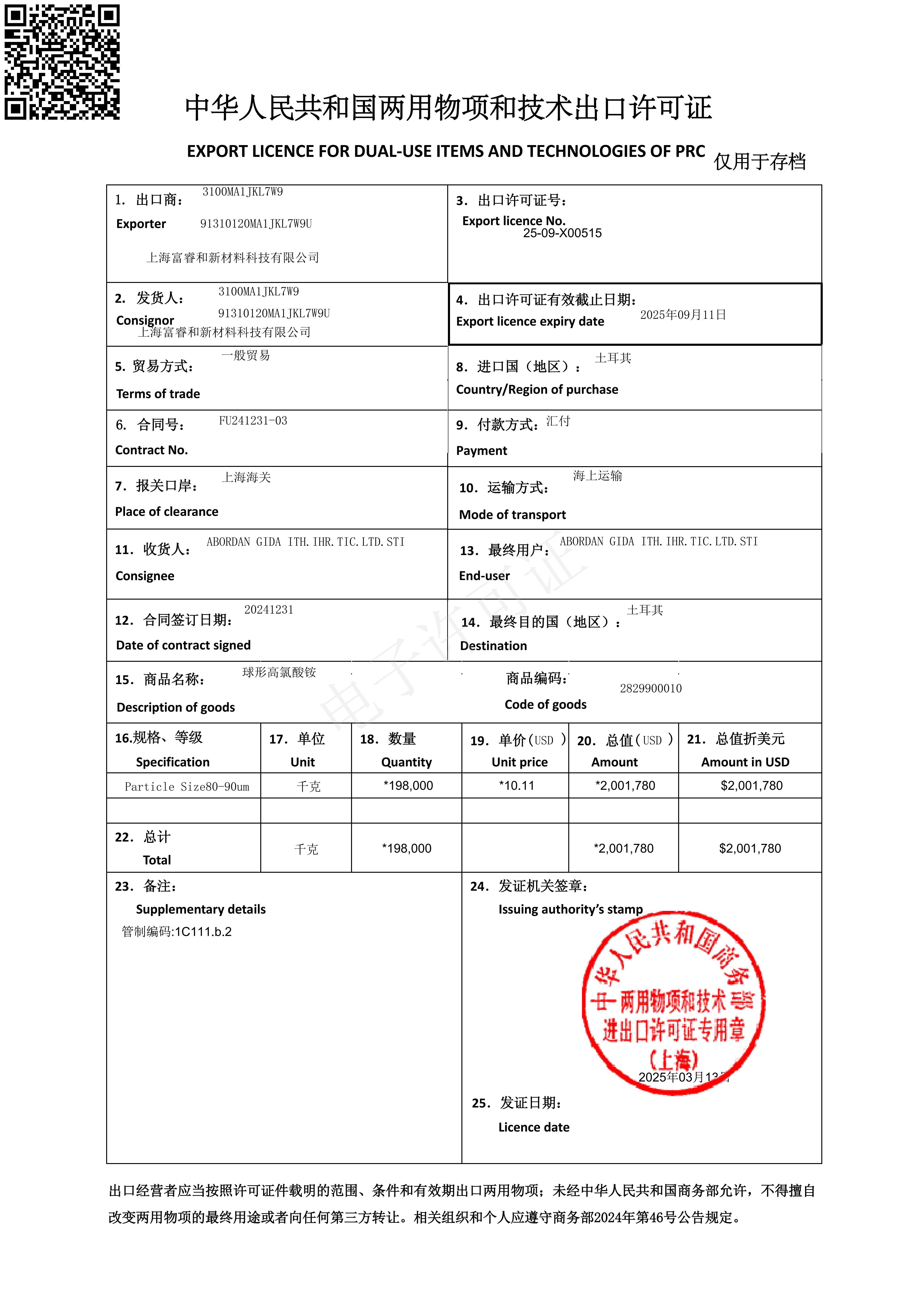 Licence d'exportation pour AP (perchlorate d'ammonium)