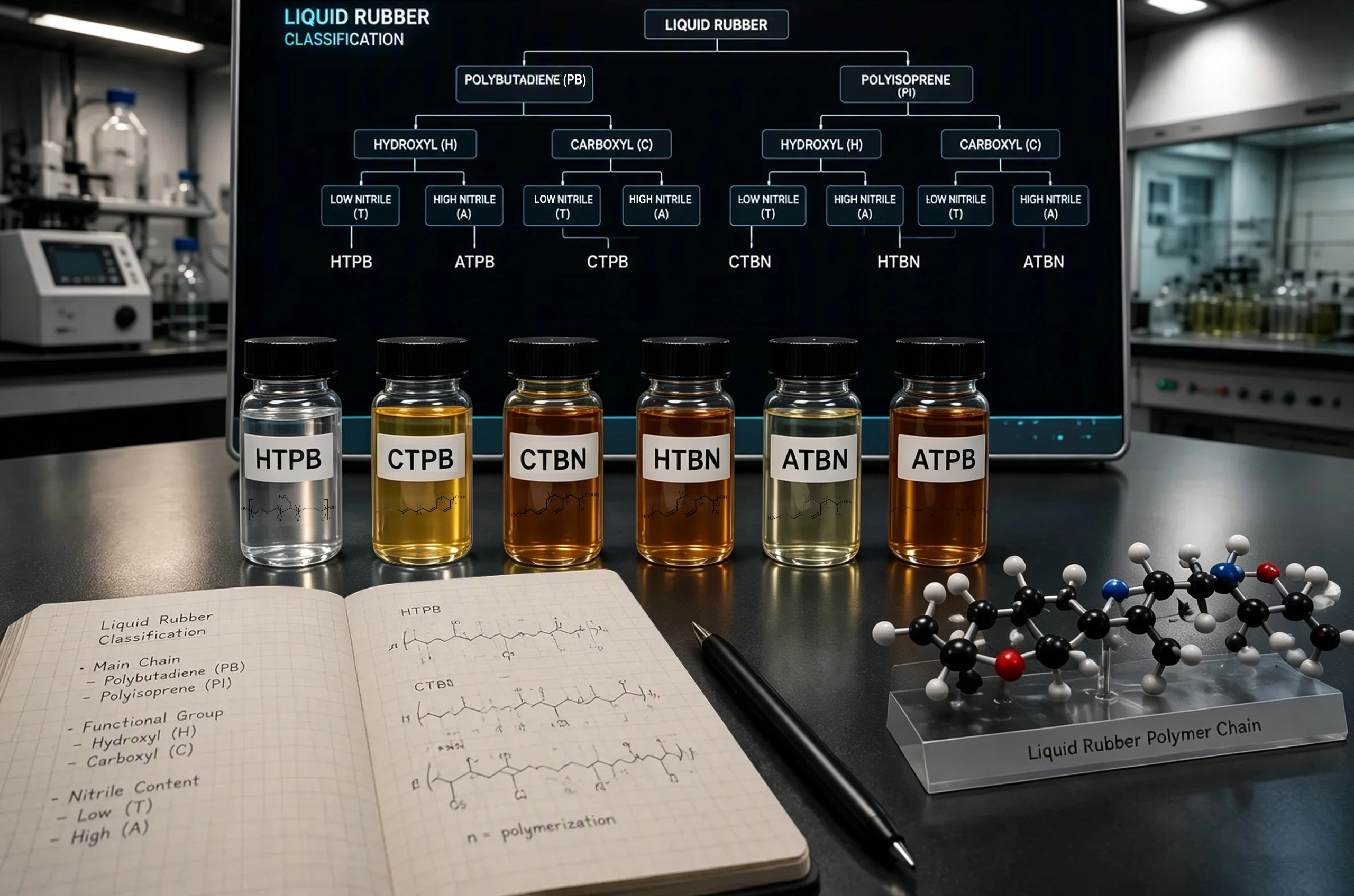 Caoutchoucs liquides r&eacute;actifs HTPB CTPB CTBN HTBN Classification et perspectives ATBN et ATPB